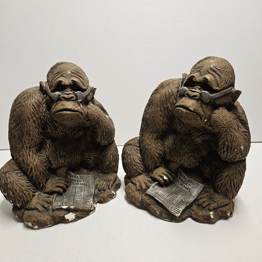 Vintage Monkey Bookends Reading Wall Street Journal Gorilla Ape Statues Set of 2